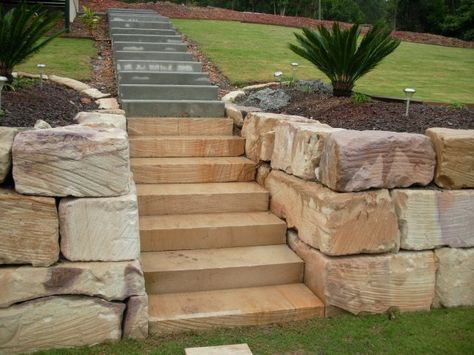 Sandstone Steps, Acreage Landscaping, Boulder Retaining Wall, Backyard Retaining Walls, Outdoor Entryway, Landscaping Retaining Walls, Backyard Buildings, Garden Stairs, Tiered Garden