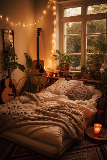 Use a palette of whites, creams, and soft grays for a sophisticated look. Incorporate natural elements like pinecones, twigs, and eucalyptus for a cozy yet chic vibe. Bed Fairy Lights, Bedroom Indoor Plants, Boho Minimal Bedroom, Hawaii Bedroom, Minimal Bedrooms, Loft Inspiration, Apartment Tips, Guitar Aesthetic, Boho Interior Design