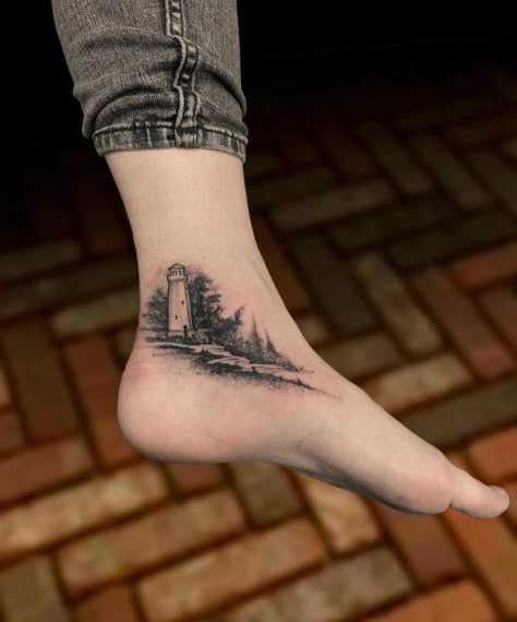 Black and white ankle tattoo with tiny lighthouse and forest Inside Ankle Tattoo, Inside Ankle Tattoos, Wife Tattoo Ideas, Someday Tattoo, Foot Tattoo Quotes, Foot Tattoo Designs, Handwriting Tattoos, Small Foot Tattoos, Running Tattoo