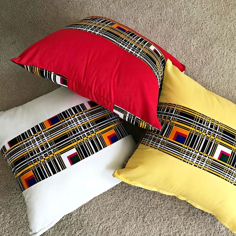 "These bold and beautiful African print cushions will be the perfect complement to your couch and the focal point in any room in your home or office. Description: Cotton fabric Dimension: 18\" x 18\" / 45 cm x 45 cm Great housewarming gift, wedding gift or home decorations. Also available with Red and White trims  Matching African curtains  and table runners available in store. Sold separately.   Note: This is only pillow covers. No stuffing comes with them.  The print on the Pillowcase you rece African Curtains, African Print Pillows, African Inspired Decor, African Interior, Inspired Interiors, African Home Decor, African Clothing For Men, African Decor, Printed Curtains