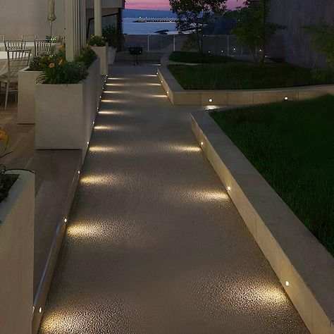 Step Lights Outdoor Stairs, Garden Stair Lighting, In Ground Lighting Outdoor, Pool Landscape Lighting, Sealing Light Ideas, Outdoor Steps Ideas, Driveway Lighting Ideas, Modern Patio Lighting, Stair Lights Outdoor