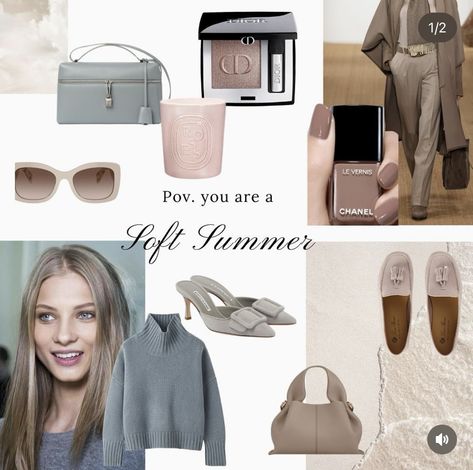 Soft Summer Work Capsule, Soft Summer Wardrobe Basics, Light Spring Romantic, Soft Summer Outfit Ideas, Soft Summer Examples, Soft Summer Color Palette Clothes, Soft Summer Winter Outfits, Body Type Aesthetic, Soft Summer Dark