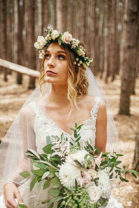 Bride Wears Coordinating Fresh Floral Halo + Bouquet Flower Crown Wedding Veil, Floral Crown Bride, Flower Crown Veil, Wedding Veil Styles, Bridal Hair Veil, Flower Veil, Veil Styles, Flower Crown Hairstyle, Wedding Hairstyles With Veil