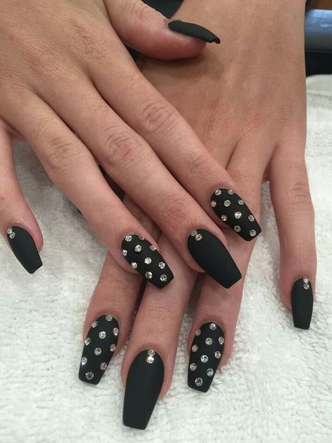 Matte black with rhinestones Thanksgiving Nails Acrylic, Diamond Nail Designs, Uñas Ideas, Black And White Nails, Thanksgiving Nail Designs, Unghie Nail Art, Matte Black Nails, Nails Acrylic Coffin, Black Nail Art