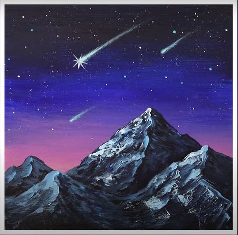 Starry Night Mountain Painting, Mountain Galaxy Painting, Sunset With Mountains Painting Easy, Night Mountains Painting, Acrylic Painting Ideas Landscape Mountains, Night Sky Mountains Painting, Dark Night Sky Painting, Nature Art Painting Acrylic Easy, Night Sky Silhouette Painting