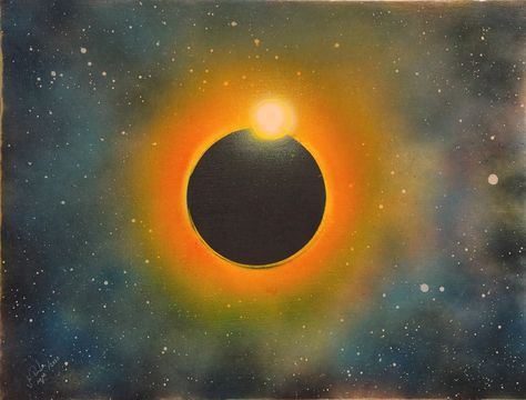 2020 Spray & Acrylic Paint On Canvas 18/24 inch (45/60 cm ) in Eclipse Watercolor Painting, Watercolor Art Space, Kids Paint Night, Eclipse Painting, Painting Stars, Eclipse Art, Eclipses Art, Eclipse Party, Art Spray Paint