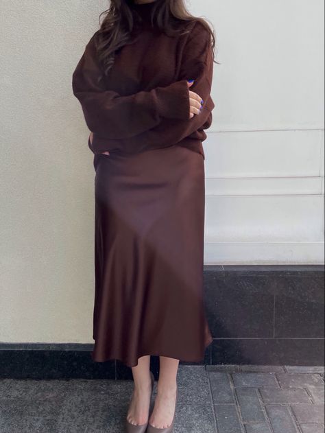 Chocolate silk skirt with a chocolate sweater Brown Satin Dress Winter, Chocolate Skirt Outfit, Brown Silk Skirt Outfit, Chocolate Sweater, Silk Skirt Outfit, Silk Skirts, 2023 Outfits, Skirt Jumper, Simple Closet