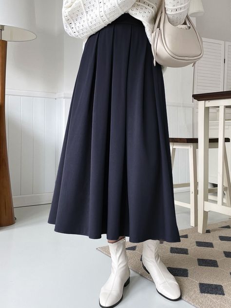 Navy Blue Elegant Collar  Fabric Plain Pleated Embellished Slight Stretch  Women Bottoms Big Shirt And Skirt Outfit, Modest Dresses Fashion, Moda Streetwear, Streetwear Mode, Rock Outfit, Trendy Dress Outfits, Modest Clothing, Drop Shoulder Sweaters, Pleated Fabric