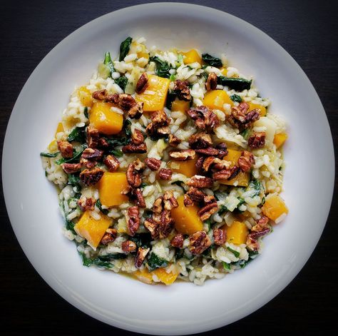 BUTTERNUT RISOTTO with Maple Glazed Pecans Maple Butternut Squash Risotto, Maple Butternut Squash, Butternut Risotto, Rice Dishes Easy, Glazed Pecans, Squash Risotto, Butternut Squash Risotto, Vegan Parmesan Cheese, Rice Dish