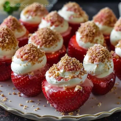 Strawberry Cream Cheese Deviled Eggs, Easy Cheesecake Deviled Strawberries, Strawberry Shortcake Deviled Eggs, Deviled Egg Strawberries, Yummy Birthday Desserts, Cream Cheese Deviled Strawberries, Dessert Deviled Eggs, Strawberry With Cream Cheese Filling, Cheesecake Deviled Strawberry Platter