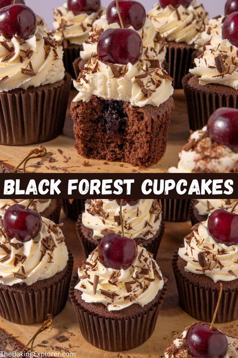 Recipe for Black Forest Cupcakes - chocolate cupcakes filled with cherry jam, topped with whipped cream, fresh cherries and dark chocolate #blackforest #chocolatecherry #thebakingexplorer #blackforestcupcakes #chocolatecupcakes Black Forest Cupcakes Recipe, Chocolate Cherry Cupcakes, Forest Cupcakes, Black Forest Cupcakes, Cupcake 1, Chocolate Cupcakes Filled, Cupcakes Filled, Baking Process, Muffins Recipes