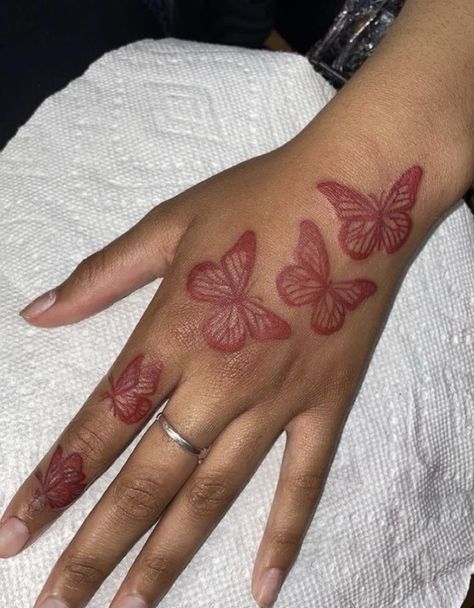 Hand Tattoos Red, Hand Print Tattoos, Butterfly Hand Tattoo, Hand Tattoos For Girls, Cute Hand Tattoos, Hand And Finger Tattoos, Pretty Hand Tattoos, Tattoos For Black Skin, Red Ink Tattoos