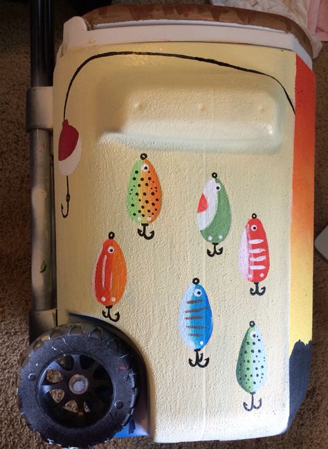 Cooler painting - fishing cooler idea Cooler Design Ideas, Busch Light Cooler Painting, Fishing Frat Cooler, Lake Havasu Frat Cooler, Painting Cooler Ideas, Painted Cooler Ideas, Painted Coolers For Guys, Fishing Lure Painting, Painted Ice Chest