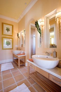 Peach Tile Floor Design Ideas Yellow Bathroom Paint, Peach Bathroom, Peach Walls, Bathroom Color Schemes, Floor Tile Design, Bathroom Paint Colors, Casas Coloniales, Yellow Bathrooms, Bathroom Color