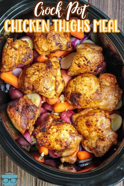 Chicken Thighs Potatoes Carrots, Chicken Thighs Slow Cooker Recipes, Chicken Thighs Potatoes, Crock Pot Chicken Thighs, Crockpot Chicken Thighs, Slow Cooker Chicken Thighs, Potatoes And Carrots, Potatoes Carrots, Boneless Chicken Thigh Recipes