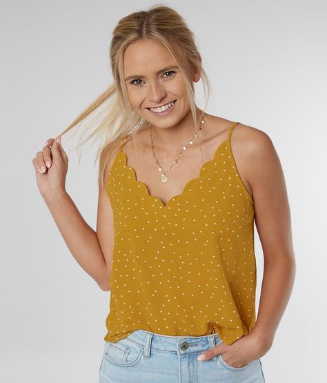 E & M Scalloped Polka Dot Tank Top - Women's Tank Tops in Mustard | Buckle Spagetti Tops Outfit, Spagetti Tops, Hippie Tank Tops, Turtleneck Tank Top, Polka Dot Tank Top, Tank Top For Women, Women's Tank Tops, Flowy Tank Tops, Casual Stripes