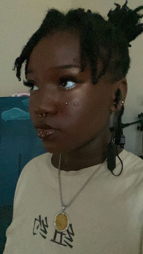 Septum Piercing Black Women, Anti Eyebrow Piercing Black Women, Septum On Black Women, Anti Eyebrow Piercing, Septum Piercing On Black Women With Locs, Silly Tattoos, Anti Eyebrow, Blk Women, Short Dreads