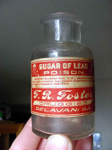 Sugar of lead, or as it’s called in the 19th century medical literature, saccharum saturni, is lead acetate: Pb(CH3COOH)2. It was once prescribed for intestinal troubles, an odd choice, since one symptom of acute lead poisoning is an upset stomach. Lead poisoning is also known as painter's colic. Vintage Medicine Bottle, Antique Medicine Bottles, Old Medicine Bottles, Poison Bottle, Old Advertisements, Vintage Medical, Medicine Bottles, Upset Stomach, Medical Practice