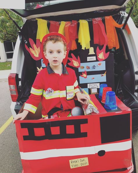 Trunk or Treat Fire dept and fireman Trunk Or Treat Ideas Firetruck, Trunk Or Treat Firetruck, Trunk Or Treat Fire Truck, Fire Truck Trunk Or Treat Ideas, Firefighter Trunk Or Treat, Trunker Treat Ideas, Fire Hall, Mommy Time, Halloween 2013