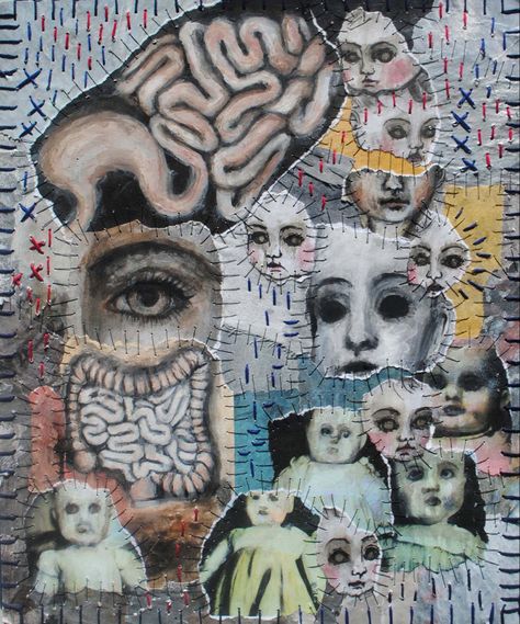 “Intestinal Juxtaposition” -06.03.2023 .. #paintingcollage #experimentalart #sketchbookart #handstitched #stitchingonpaper #outsiderart #eyepainting #abstractart #creepydolls #mixedmediacollage #intestines #gerd #intestinalproblems #arttherapy Intestines Drawing Art, Intestines Art, Intestines Drawing, Juxtaposition Art, Stitched Collage, Stitching On Paper, Thought Daughter, Ap Studio Art, Painting Collage