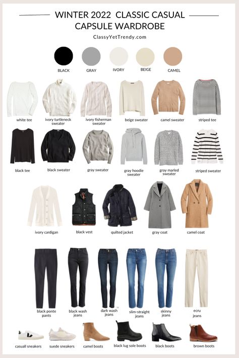 My 29-Piece Winter 2022 Classic Casual Neutral Capsule Wardrobe - includes a sweater, tee, cardigan, wool coat, puffer vest, quilted fleece jacket, striped tee, ponte pants, black wash jeans, ecru jeans, lug sole boots, chelsea boots, suede sneakers and leather sneakers. Acadamia Aesthetic, Engineer Outfit, Sahm Fashion, Casual Capsule Wardrobe, Clothes Capsule Wardrobe, Realistic Fashion, Work Lifestyle, Minimalist Wardrobe Capsule, Neutral Capsule Wardrobe