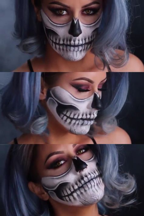 Skull Makeup Half Face, Half Face Skull Makeup, Pretty Skull Makeup, Makeup Looks Yellow, Half Skull Makeup, Halloween Skeleton Makeup, Tattoos Celebrities, Halloween Make-up Looks, Holloween Makeup