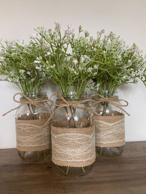 Wedding Farmhouse Table Decor, Wedding Farmhouse Table, Jar Centerpiece Wedding, Lace Mason Jars, Wedding Farmhouse, Wedding Centerpieces Mason Jars, Burlap Mason Jars, Mason Jar Decor, Farmhouse Table Decor