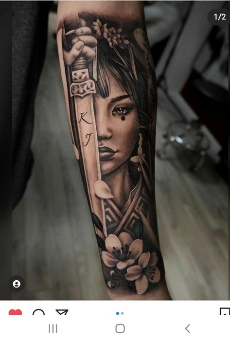 Japanese Woman Samurai Tattoo, Realistic Geisha Tattoo, Geisha Tattoo Women, Geisha Face Tattoo, Asian Tattoo Sleeve Women, Women Samurai Tattoo, Geisha Tattoo Design For Men, Geisha Warrior Tattoo, Realistic Japanese Tattoo