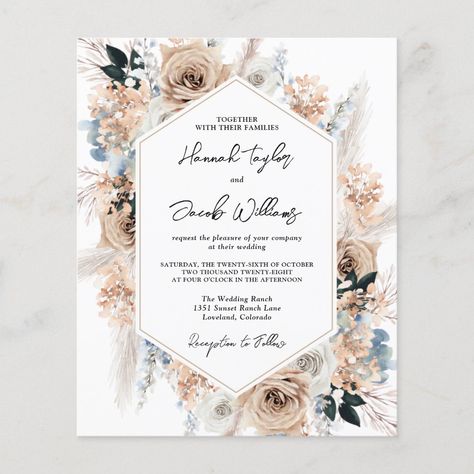 This Budget Paper Dusty Blue Floral Boho Wedding Invitation is trending in a trending color palette of dusty blue, beige and champagne. It features beautiful detailed romantic watercolor roses and florals with pampas grass. This lovely color palette is perfect for a spring, summer or fall wedding. Personalize with all of your wedding details. Dusty Blue Champagne Wedding, Blue Champagne Wedding, Florals With Pampas, Blue Fall Wedding, Western Invitations, Wedding Qr Code, Wedding Themes Spring, Blue Champagne, Budget Wedding Invitations