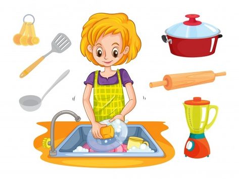 Woman washing dishes in the sink illustration Vector | Free Download Woman Washing Dishes, Dishes Clipart, Life Skills For Children, Islamic Kids Activities, Girl Cooking, Action Verbs, Washing Dishes, Mom Help, Child Life