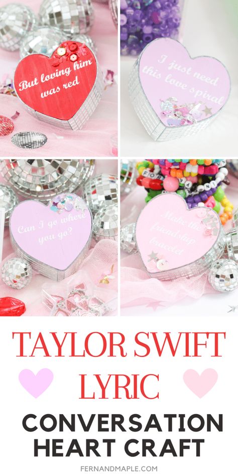 Create the cutest Taylor Swift Lyric Conversation Hearts for a Swiftie Valentine's/Galentine's Day Party or anytime room decor! Get step-by-step instructions and tons more Taylor Swift party and craft inspiration now at www.fernandmaple.com. Taylor Swift Crafts, Conversation Hearts Crafts, Diy Projects To Make And Sell, Taylor Swift Party, Loving Him Was Red, Valentine Crafts For Kids, Conversation Hearts, Classroom Valentine, Converse With Heart