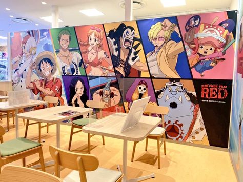 Anime Themed Cafe Ideas, Kissaten Coffee, Anime Restaurant, Manga Cafe, Anime Cafe, Japanese Restaurant Design, Mens Room Decor, One Piece Theme, Doodle Wall