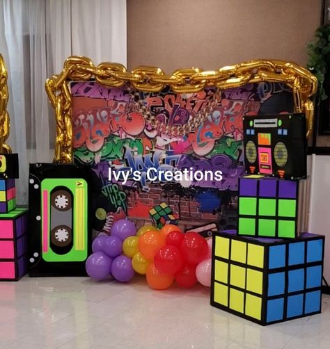 80's party props 80s Backdrop, 1980s Party Decorations, Dance Party Theme, Hip Hop Birthday Party, Prince Baby Shower Theme, 90s Party Decorations, Decades Party, 70s Party Theme, 80s Party Decorations