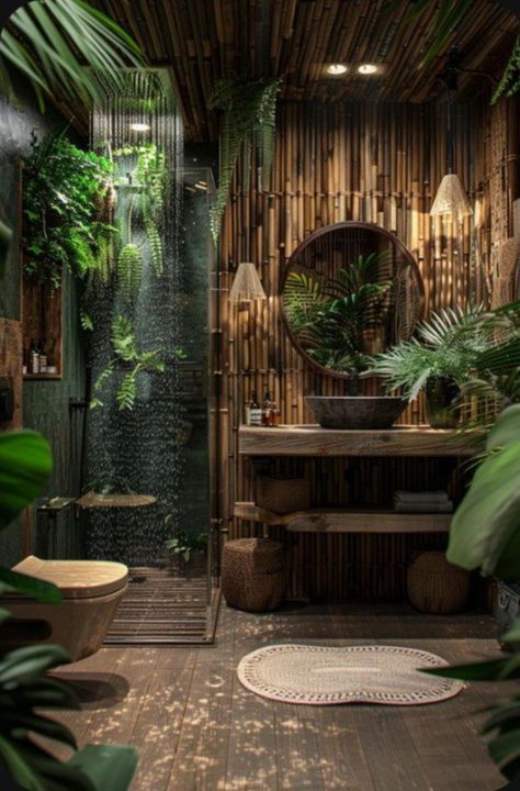 Home Interior Design Plants, Jungle Shower Bathroom, Bamboo Inspired Bathroom, Rainforest Bathroom Decor, Different Bathroom Styles, Nature Inspired Bathroom Ideas, Luxury Spa Bathroom Ideas, Dream House Decor Bathroom, Living Wall Bathroom