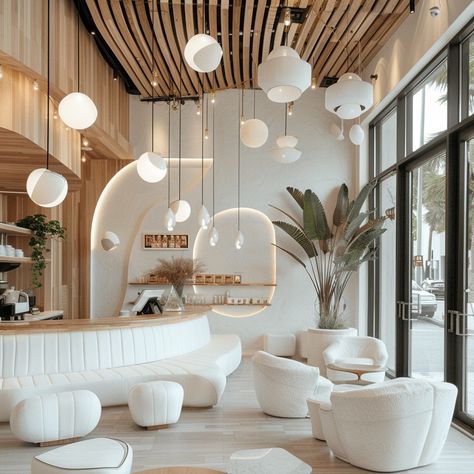 Modern Cafeteria Design, Light And Airy Coffee Shop, Cafe Building Design, Coffee Shop Ideas Design Cafe Interiors, Coffee Shop Design Aesthetic, Commercial Design Interior, Cafe White Design, Minimal Cafe Design Interiors, Curvy Cafe Interior Design