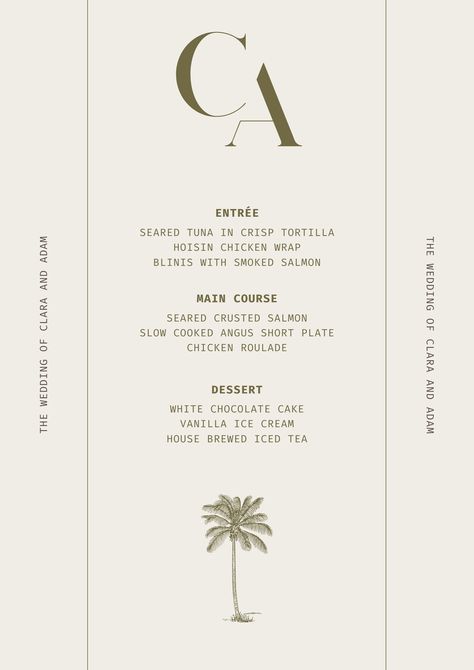 Use this fully customizable Beige and Green Minimalist Tropical Wedding Menu Elevate your feed with this stunning design and discover a variety of professional designs from Canva. Perfect for Small Businesses, Wellness Brands, Photographers, and Content Creators. Don't miss out on this opportunity to showcase your style. Made and Design By With Faith and Love #minimalist #ugc #photographer Minimalist Menu Design, Minimalist Tropical Wedding, Chicken Plating, Green Minimalist, Beige And Green, Digital Imaging, Wedding Menu Template, Personal Business, Wedding Branding