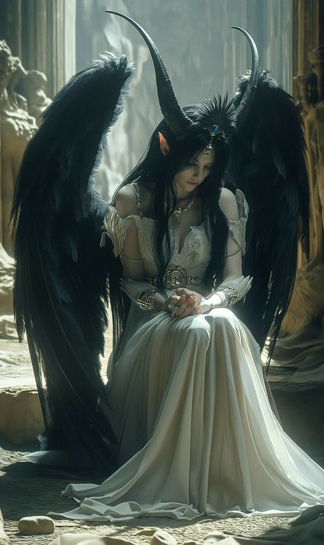 Fallen Angel Female, Female Monster Art, Elf With Wings, Dark Elf Woman, Dark Angel Aesthetic, Angel Poses, Winged Demon, Dark Character, Angel Skull