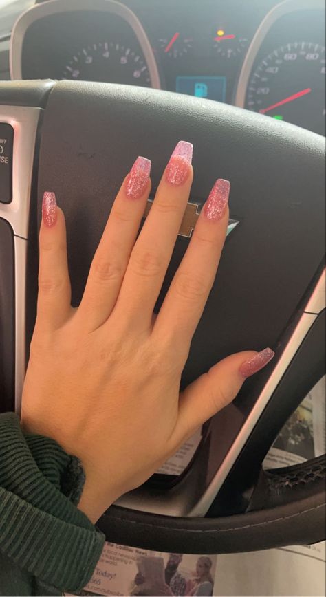 Pink Nails Acrylic Design Glitter, Pink Homecoming Nails Acrylic, Lilac Pink Nails, Minimalist Nails Glitter, Basic Pink Nails With Glitter, Glittery Pink Nails Short, Pink Glitter Nails Coffin, Sparkly Pink Nails Acrylics, Sparkly Clear Nails