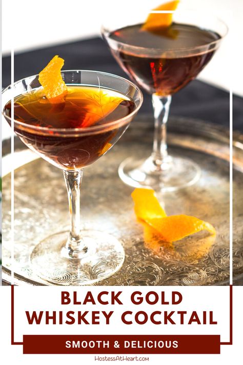 Bootleg Black Gold Whiskey cocktail is smooth, slightly sweet with a touch of orange. It's a great after dinner or an anytime sipper. | HostessAtHeart.com #cocktail #drinks #whiskey #easyrecipe Black And Gold Cocktail, Coffee Liquor, Energizing Smoothies, Cocktail Recipes Whiskey, Whiskey Cocktail, Aromatic Bitters, Alcoholic Cocktails, Beverage Recipes, Bourbon Cocktails