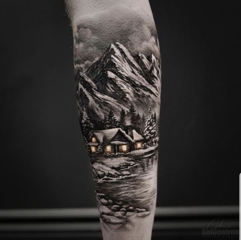 Cabin Tattoo Sleeve, Cabin Scene Tattoo, Cabin In The Woods Tattoo, Snowmobile Tattoo Sleeve, Full Sleeve Landscape Tattoos, Alaskan Sleeve Tattoo, Misty Mountain Tattoo, Western Sleeve Tattoo For Men, Mountain Tattoo Sleeve