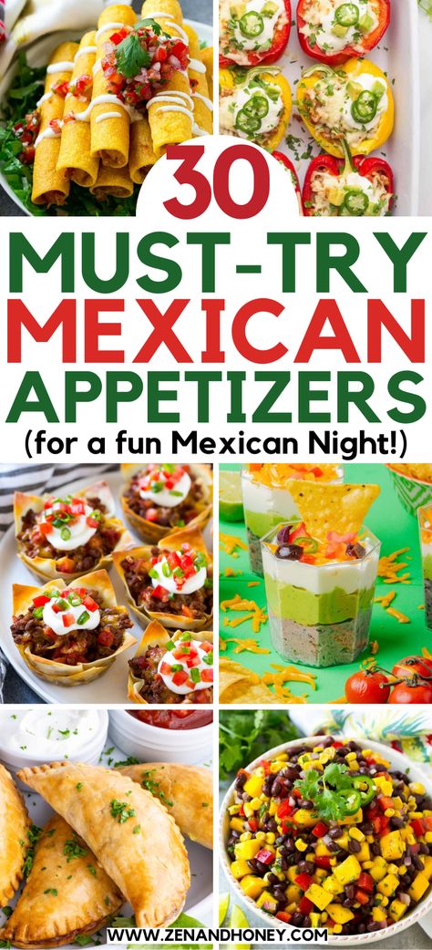 Looking to spice up your next Mexican dinner? These 30 easy Mexican appetizers are perfect for any occasion, from simple gatherings to Cinco de Mayo parties. Best Mexican appetizer recipes, Mexican street food, Mexican finger food recipes, Cinco de Mayo appetizers, Cinco de Mayo recipes. Mexican Dish Appetizers, Mexican Entrees For Party, Easy Mexican Party Food Ideas, Antojitos Recipe Appetizers, Handheld Mexican Appetizers, Fiesta Finger Foods, Mexican Food Night Ideas, Mexican Themed Appetizers Parties, Mexican Finger Food Recipes