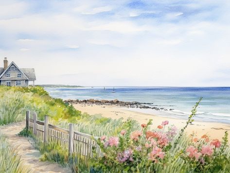 👀 Cape Cod Painting Beach Scene Art Print Seaside Wall Art Beach House Decor Wildflowers Artwork- multiple sizes to choose from 🌈 title: "Seaside Serenity" �🌈 print from my original watercolor painting 🌈 multiple sizes to choose from 🌈 materials: high quality matte paper or stretched canvas 🌈 shipping: high-quality protective packaging with tracking number 🌈 sell unframed - need to be framed. 🎯 Additionally, you have the option to order this print as a canvas print, framed canvas print, o Beach Prints Wall Art Free, Cape Cod Wall Art, Cape Cod Painting, Seaside Wall Art, Nantucket Cottage, Beach Art Prints, Hollyhocks Flowers, Statement Artwork, Seaside Art