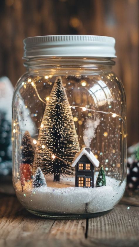 Mason Jar Christmas Snow Globes, Snow Jars Christmas, Dollar Tree Globe Crafts, Diy Christmas Globes, Diy Mini Snow Globe, Snow Globe Decor, Homemade Snow Globes How To Make, How To Make A Snow Globe Diy, Diy Snow Ornaments