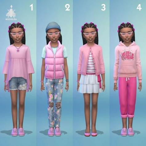 Alesya ♥ The Sims 4 on Instagram: "24 girly outfits 🎀 NoCC Drop the number you like 👇🏻 You asked for outfits for kids! Here they are. This little pink lover and fashionista is named Stylisha Atkins. She is part of the family that I recently showed you. ┉┉┉┉┉┉┉┉┉┉┉ ◖ NoCC ◖ EA ID: Mushilda ◖ This family got #MaxisFav on The Gallery ◖ Probably these ideas will also work well for children's outfits in #notsoberrychallenge #notsoberrypink ⠀ tags ⠀⇩ #showusyoursims #sims4basegame #sims4ki Outfits For Kids, Sims 4 Children, Sims 4 House Design, Sims 4 Cas, Sims 4 Houses, Sims 4 Clothing, Pink Kids, The Sims4, 4 Kids