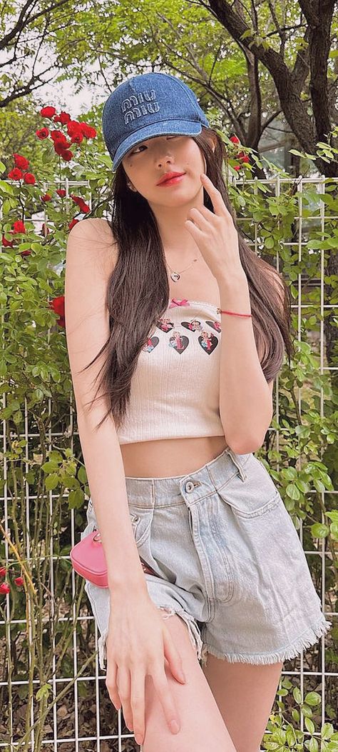 Wonyoung, wony, miu Miu, miu miu cap, denim cap, wonyoung outfit, wonyoung summer outfit Wonyoung Shorts Outfit, Miu Miu Wonyoung Outfit, Wonyoung Summer Outfit, Idol Summer Outfit, Ive Wonyoung Outfits, Wonyoung Fashion Style, Wonyoung Casual Outfit, Wonyoung Casual, Wonyoung Outfit Casual