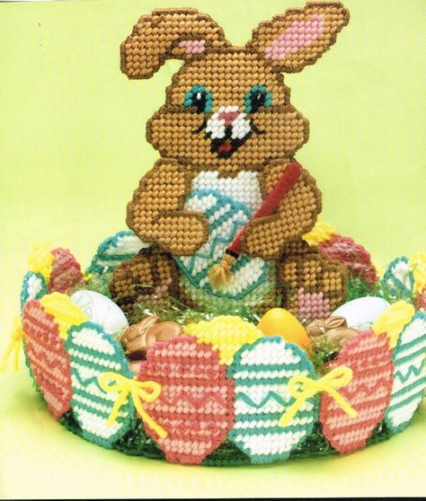 Plastic Canvas Easter Bunny & Eggs Candy Basket Pattern - Needlepoint Basket Plastic Canvas Easter, Goodie Basket, Bunny Dishes, Easter Egg Candy, Easter Canvas, Plastic Canvas Pattern, Easter Bunny Basket, Plastic Canvas Coasters, Easter Bunny Eggs