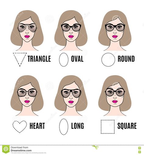 Illustration about Womens Sunglasses Shapes for different face shapes. Various types of female faces in sunglasses. Vector illustration. Illustration of face, eyeglasses, classic - 73951380 Women Face Shapes, Frames For Round Faces, Makup Looks, Face Types, Glasses For Your Face Shape, Trendy Glasses, Women Face, Eyeglasses Frames For Women, Spectacles Frames