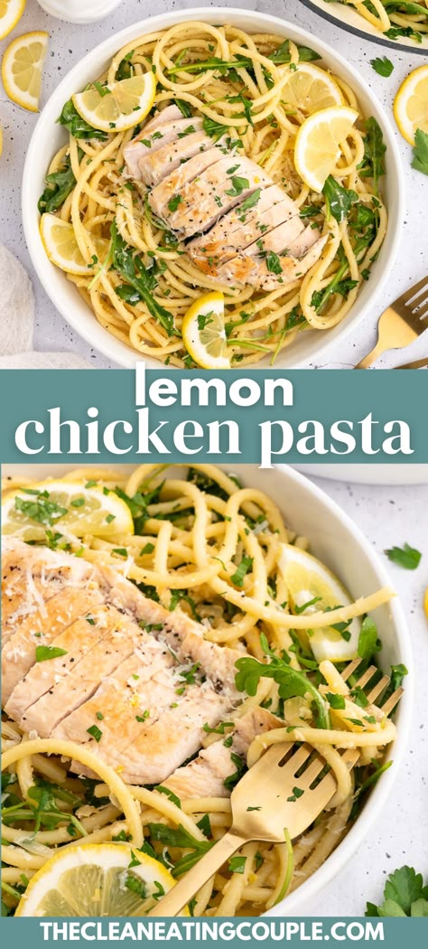 The Best Lemon Chicken Pasta Recipe! Bucatini and chicken are tossed in a creamy lemon sauce that is cheesy, delicious and secretly healthy while being light and so tasty! Chicken Lemon Pasta Recipes, Pasta Lemon Chicken, Campground Recipes, Lemon Basil Chicken Pasta, Lemon Chicken Linguine Recipe, Hello Fresh Lemon Chicken Pasta, Lemon Chicken Pasta Healthy, Creamy Lemon Pepper Chicken Pasta, Chicken Pasta Lemon Cream Sauce