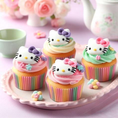 Hello Kitty And Friends Cupcakes, Sanrio Cupcakes, Sanrio Food, Kitty Cupcakes, Party Cat, Hello Kitty Birthday Party, Hello Kitty Cupcakes, Kawaii Cooking, Children Party