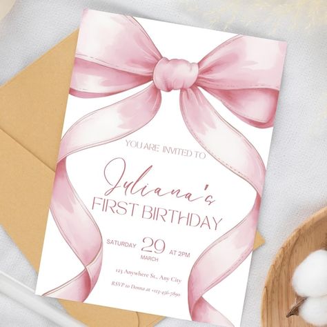 SimpliOre - Etsy Canada Pink Aesthetic Birthday Invitation, 1st Birthday Pink Theme, Bow Party Invitations, Coquette Birthday Party Invitations, Bows Theme Birthday Party, Bridgerton First Birthday, Coquette Invitation Card, Bow Invitation Template, Pink Bow First Birthday Party